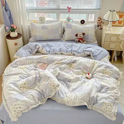 Class A wrinkled gauze double-layer cotton lace four-piece set, single/double bedding, bed sheet, fitted sheet, single piece dropshipping. - 7