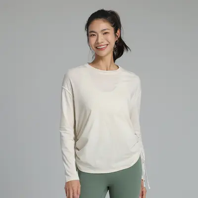 Kadın bahar yaz yoga üstü, yan büzgülü pamuklu uzun kollu T-shirt - 8