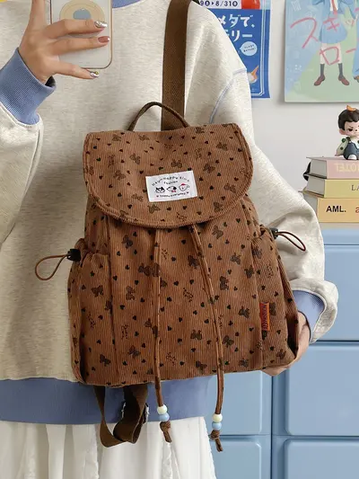 Japanese-Style Bow Corduroy Women's Backpack - 5