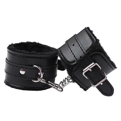 Black Leather Plush Handcuffs for Women, Adult Toy