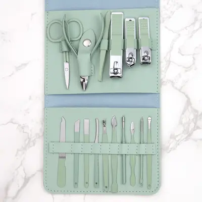 16-piece nail clipper set, matcha green, foldable pouch