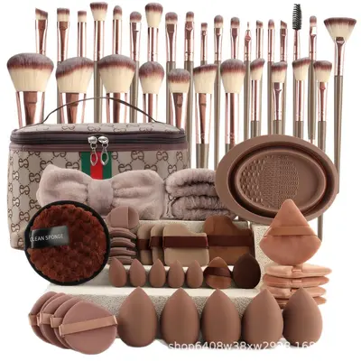 67-Piece Brown Makeup Brush and Powder Puff Set, 30 Brushes