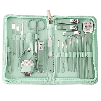 Manicure set, 35-piece, green, with nail scissors