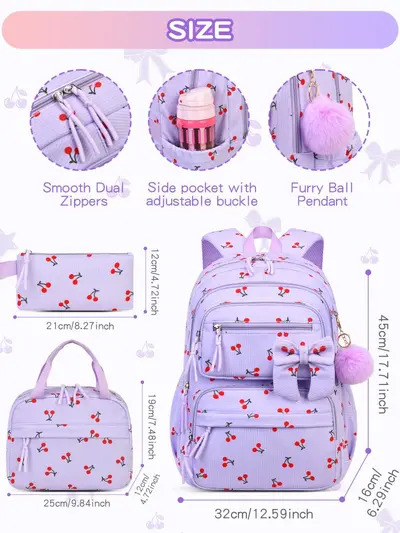 2026 Corduroy Three-Piece Backpack Set, Cherry Pattern, Large Capacity, Lightweight - 3