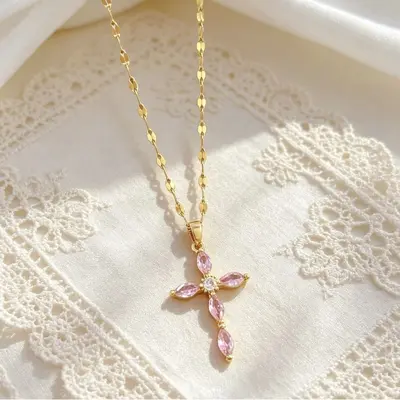 Titanium Steel Cross Necklace, Full Rhinestone, Women's Collarbone Chain