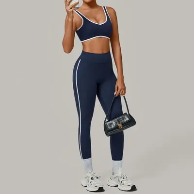 Contrast Binding Backless Yoga Set, Quick-Dry, 3914+4601 - 10