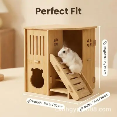 Wooden Hamster House, Multi-Level, Solid Wood Hideout - 5