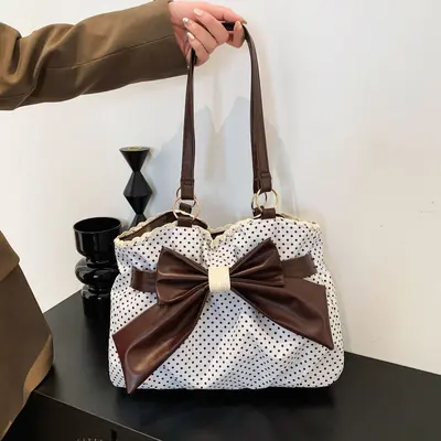 Polka Dot Bow Lace Underarm Women's Bag, Large Capacity Commuter Bag