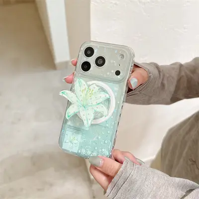iPhone 17 Handyhülle, Minzgrün, Lilienmuster, magnetisch
