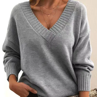 Damen-Strickpullover mit V-Ausschnitt, locker geschnitten - 11