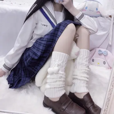 White Fuzzy Leg Warmer Sock Covers for Women, Japanese Style, Autumn Winter - 8