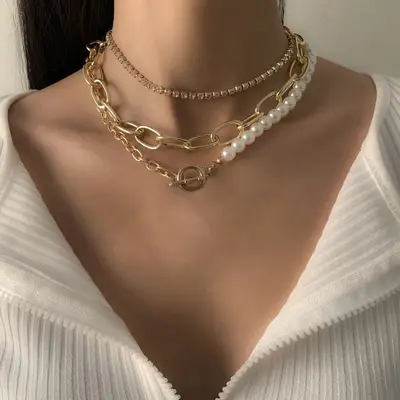 Grenzüberschreitender Schmuck aus Europa und Amerika, modische lange Perlenketten-Stacking-Halskette, Retro-Stil personalisierte Perlenunkraut-Spange Halskette - 13
