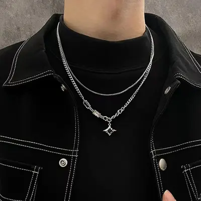 Jackson Wang Style Necklace Men's Fashion Four-pointed Star Double Layer Sweatshirt Collarbone Chain Premium Sense Men's Niche - 7