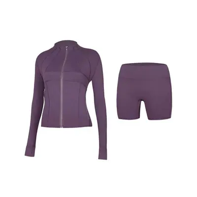 Women's yoga outfit set elastic top full zip long sleeve - 7