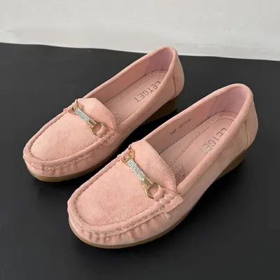 Kadın Topuklu Fasulye Ayakkabı, Taş Metal Tokalı Loafer, Yumuşak Tabanlı Kaymaz