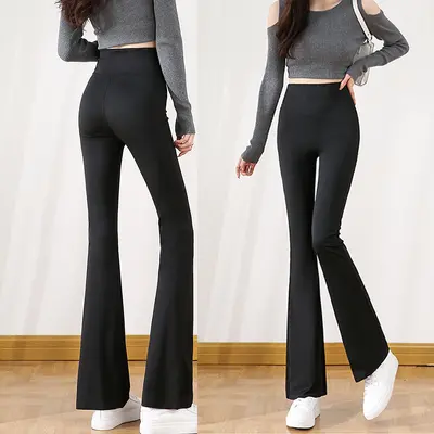 Damen Haifischhose mit Schlag und hoher Taille, glatt, figurformend, Yogahose dünn - 4