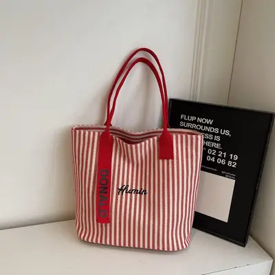 Women's 2025 Large Canvas Tote Bag, Striped Single-Shoulder Bag - 7