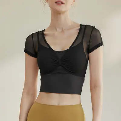 Women's Yoga T-Shirt with Chest Pad, Fake Two-Piece, Short Sleeve, Mesh - 9