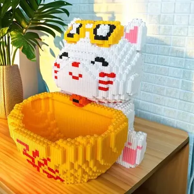 中国风财神爷摆件招财猫存钱罐积木diy益智儿童拼装玩具