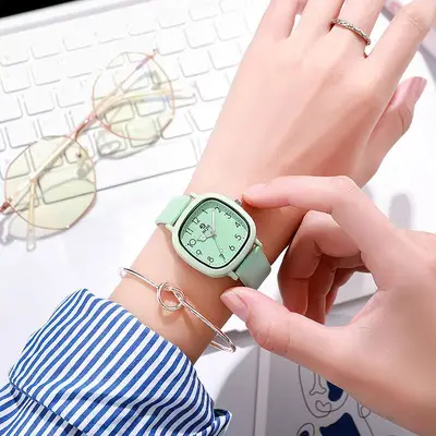 Square face quartz watch, white, for students - 11