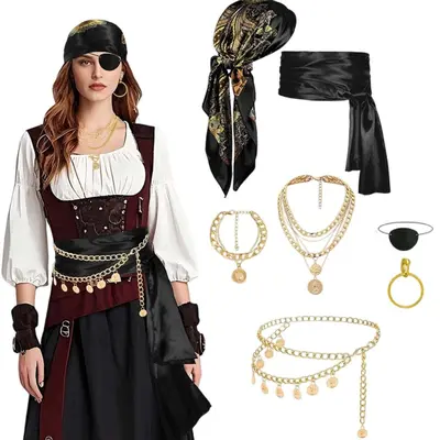 Women's Pirate Costume Set with Waist Chain, Halloween Cosplay - 10