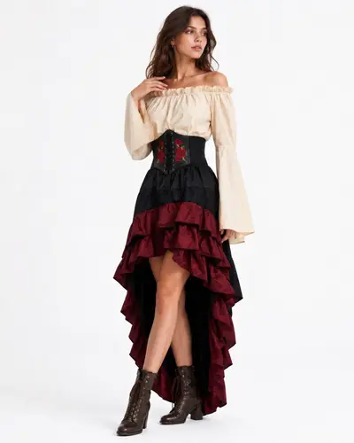 Halloween Medieval Pirate Costume, Ruffled Skirt Three-Piece Set - 13