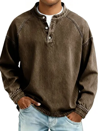 Men's Washed Distressed Vintage Stand-Collar Long-Sleeve Sweatshirt - 11