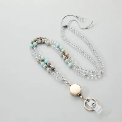 Retractable ID Card Lanyard with Natural Stone Crystal Long Necklace - 11