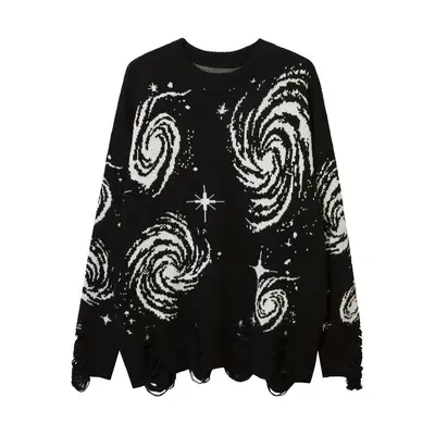 Y2K-Retro-Pullover, Wirbel-Druck, locker, mit Löchern