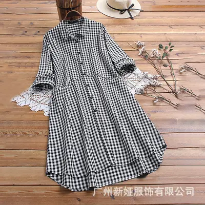 Women's Cotton-Linen Long Cardigan Shirt, Single-Breasted, Plaid