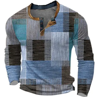 Herren Henley-Shirt, bedruckt, langarm, mit Knöpfen