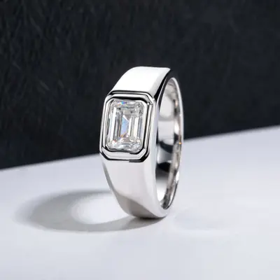 925 Sterling Silver 2-Carat Moissanite Emerald-Cut Men's Ring