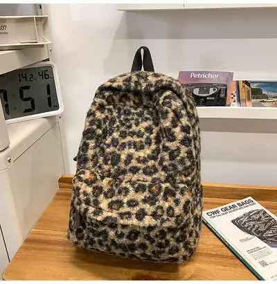 Retro Plush Leopard Print Backpack, Large Capacity School Bag - 8