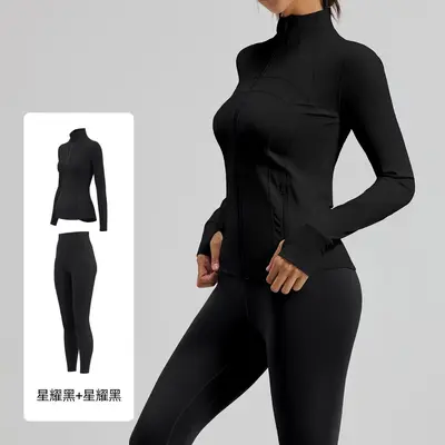 Juyitang Solid Color Patchwork Sports Set, Slim Fit Yoga Wear with Pockets for Women - 11