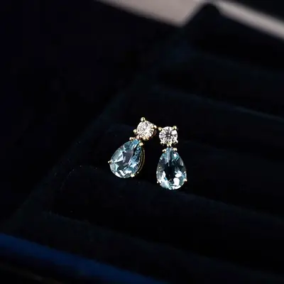 London Blue Topaz 18K gold water drop earrings, S925 sterling silver - 6
