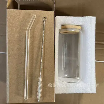 Glasbecher mit Bambusdeckel und Strohhalm, transparent, Mason-Jar-Stil, Sublimations-Cola- - 10