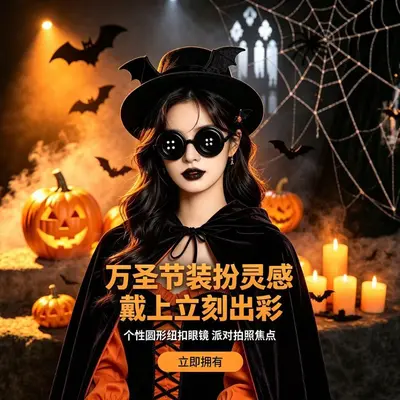 Halloween-Partybrille mit Knopfaugen, schwarzes rundes Gestell
