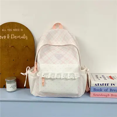 Japanese-Style Schoolbag for Girls, Junior High, Plaid Backpack - 7