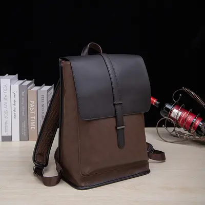 Korean Style Men's Leather Backpack with Laptop Compartment, Retro Design - 2