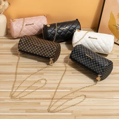 Embroidered Diamond Check Chain Women's Crossbody Bag, Cylinder Shape, 2023 Summer - 1