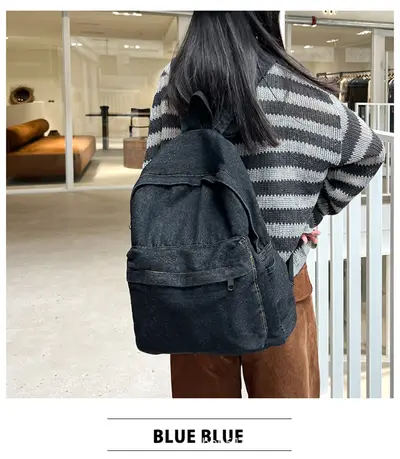Vintage Washed Denim Backpack with Laptop Compartment - 7