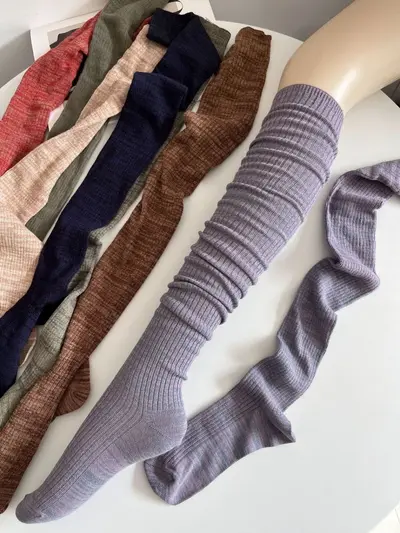 Retro Gri Yeşil Diz Üstü Çorap, Kadın İnce Bahar Sonbahar Modeli, Mor Çizgili - 8