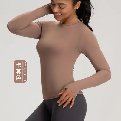 Women's Yoga Long Sleeve Top, Lightweight, High Elasticity, Round Neck - 8
