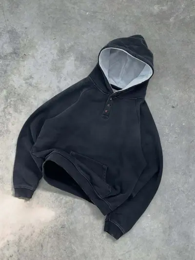 Erkek Düz Renk Düğmeli Kapüşonlu Sweatshirt, Retro Sokak Modası