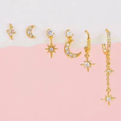 Star and Moon Chain Tassel Earring Set, Hexagonal Zircon - 3