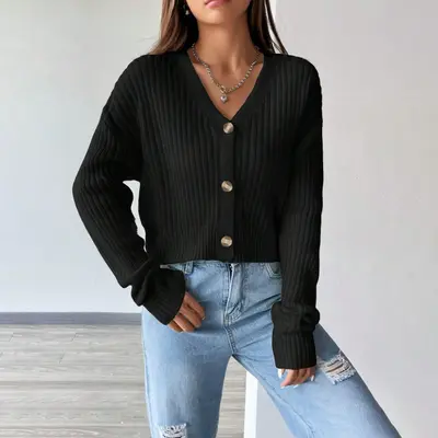 Amazon Grenzüberschreitender V-Ausschnitt Damenpullover, Herbst-Winter, lockerer Langarm-Strickmantel, einfarbig, mit Knopfleiste, lässige Strickjacke