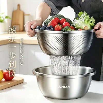 Thickened Stainless Steel Sink Basin and Dough Mixing Bowl with Strainer