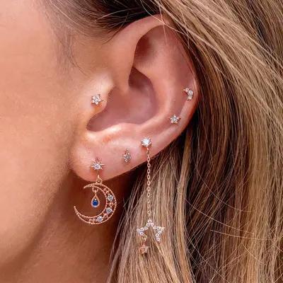 Star and Moon Chain Tassel Earring Set, Hexagonal Zircon - 12