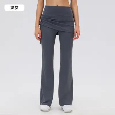 Faux Two-Piece High-Waisted Yoga Pants with Side Drawstring, Stretch, Model D26142 - 9