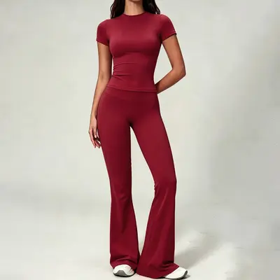 Yoga giyim seti kadın, çıplak hissi, kısa kollu, flare pantolon - 8
